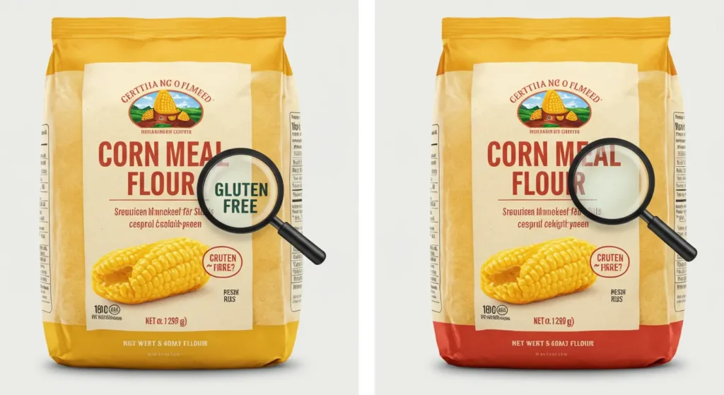 Baking ingredients with cornmeal flour in a bowl highlighting gluten-free options
