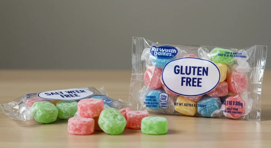 Is salt water taffy gluten-free? Close-up of classic candy with ingredient list in the background