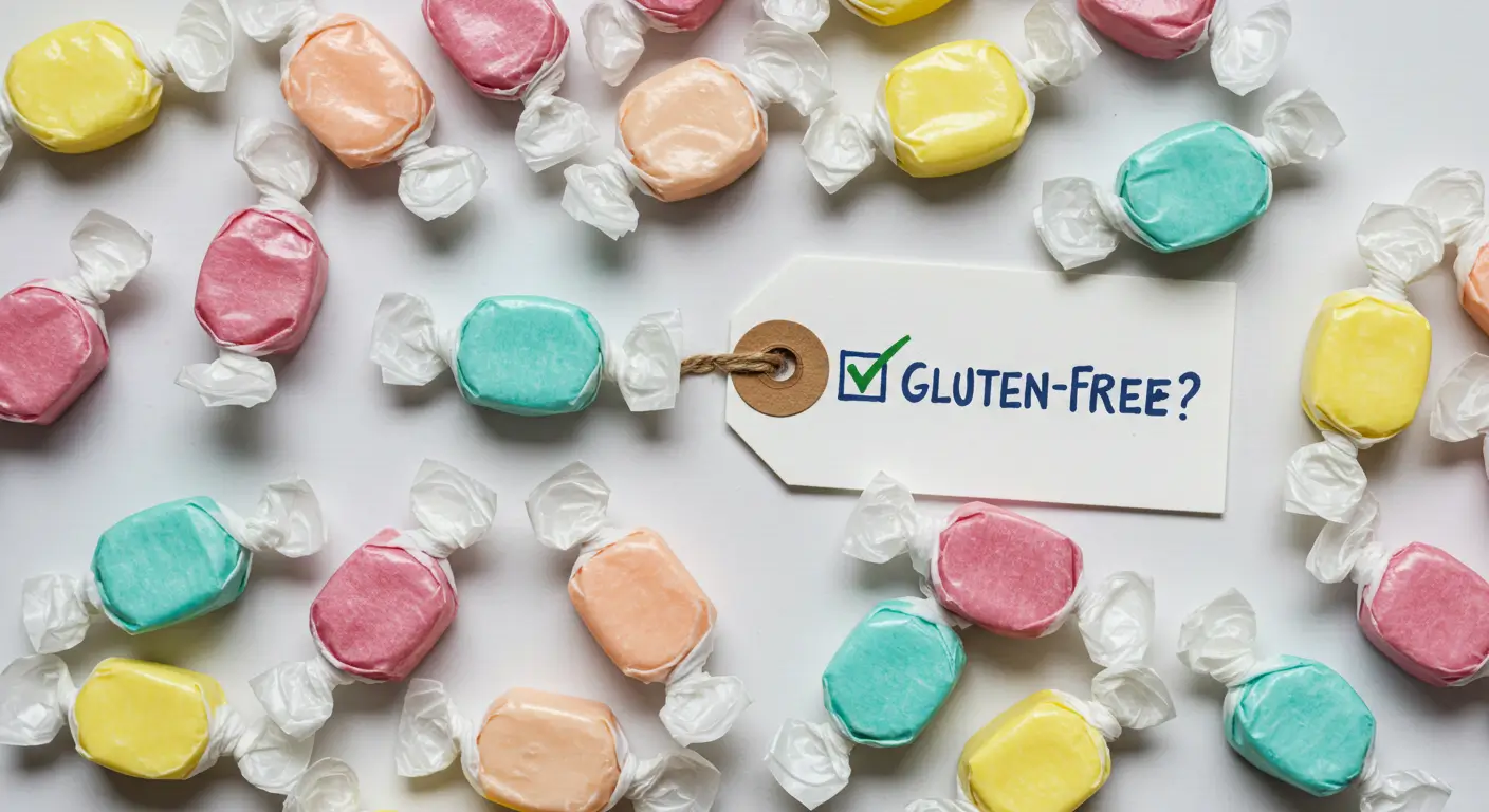 Colorful assortment of salt water taffy candies with text overlay asking: Is salt water taffy gluten-free?