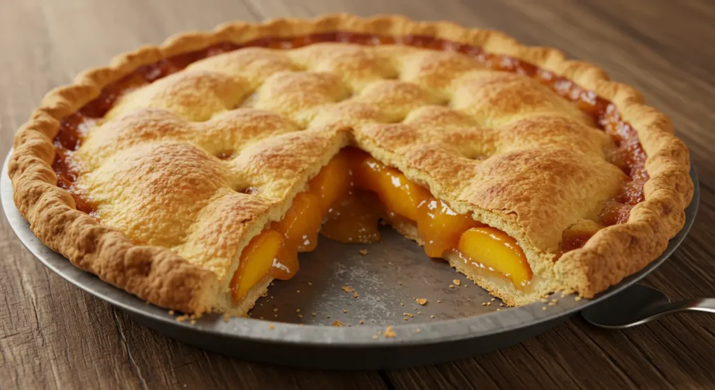 Golden flaky peach pie made with canned peaches
