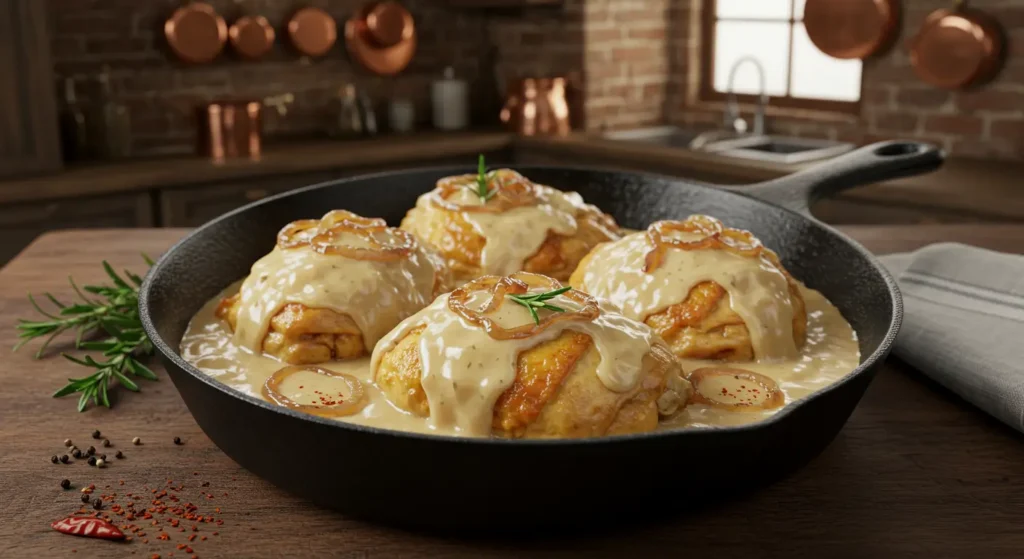 Southern-style smothered chicken in skillet with creamy gravy